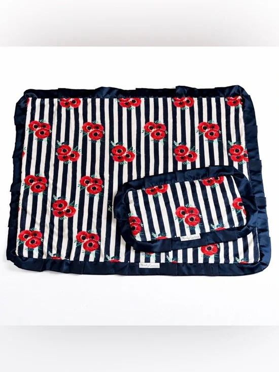 Minky Couture Blanket Set/Lot/Bundle of 2, Infant and Mini Lovey Red Floral Navy