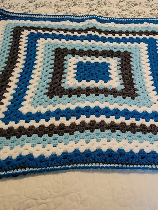 Hand Crafted Blue, Light Blue, White, and Gray Crochet Throw