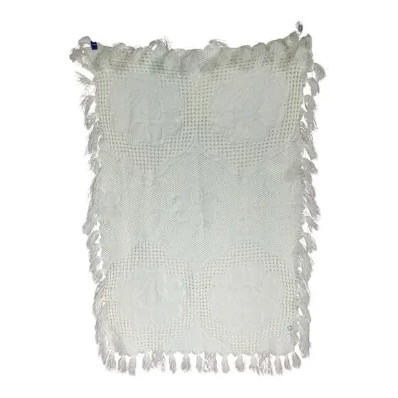 Vintage Acrylic Made In Italy Yellow Woven Baby Blanket With Tassels