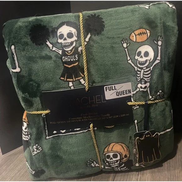 Rachel Roy Halloween Blanket Full Queen Plush Ghouls Skeleton Cheerleader Green