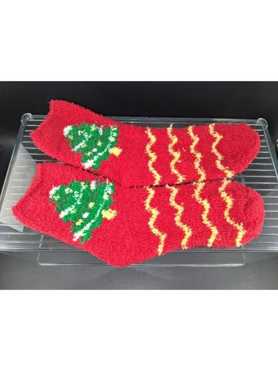 Red Holiday Fuzzy Socks With Christmas Tree Design