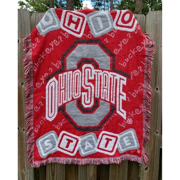 Vintage Ohio State Buckeyes Throw Blanket Woven Fringe Tapestry College 35x46