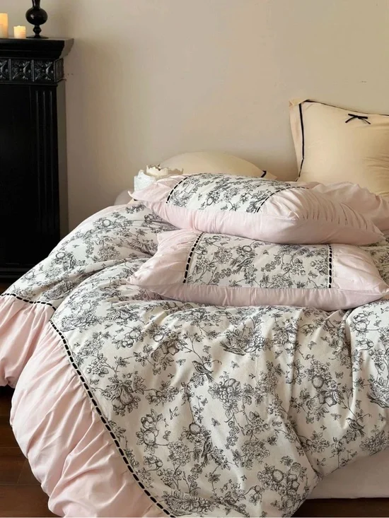 Ruffled Floral Comforter Set in Light Pink and Cream