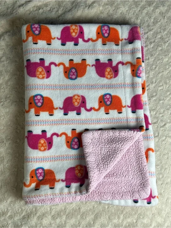 RUNT 1478 Pink Orange Elephants Baby Blanket White Blue Floral Stripes Sherpa