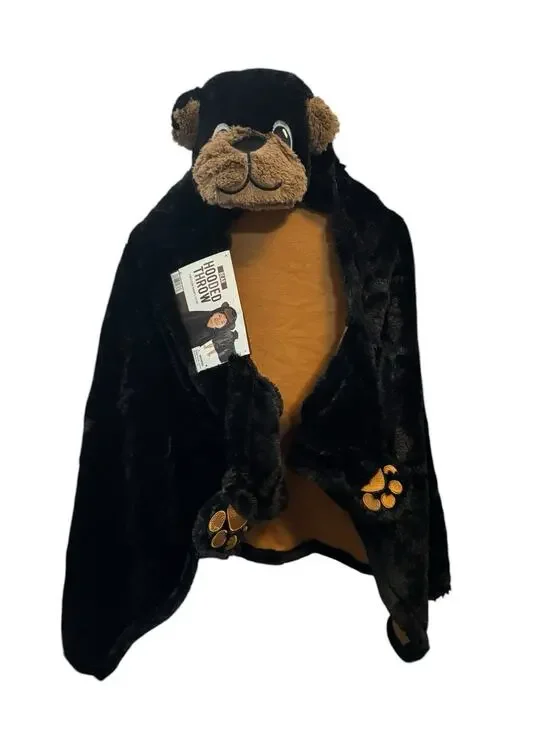 Black Bear Hooded Animal Throw 27”x 52” Child Size Fuzzy Soft Blanket