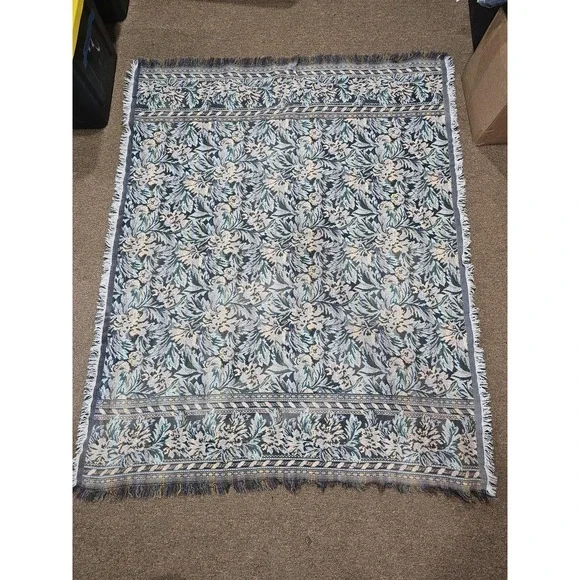 Goodwin‎ Weavers Throw Blanket ~ 50x63 Blue Floral Cotton Fringe Reversible USA