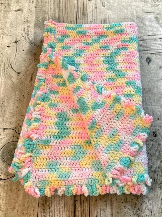 Handmade Multicolored Crochet Baby Blanket With Ruffled Edge Pink Yellow Green &