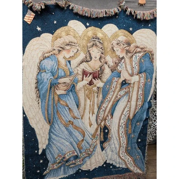 Linda Green Three Angels Tapestry Throw NWT Christmas Holiday Blanket 51