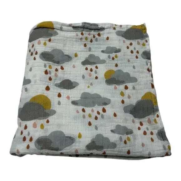 Bebe Au Lait Muslin Swaddle Blanket Rain Clouds Sun Gray Yellow Pure & Simple