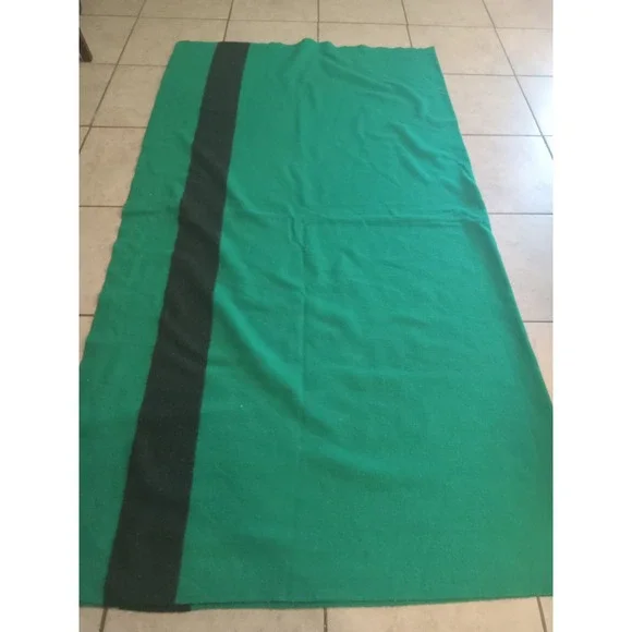 Vintage Hudsons Bay Company Green Wool Blanket Made in England Black Stripe HBC