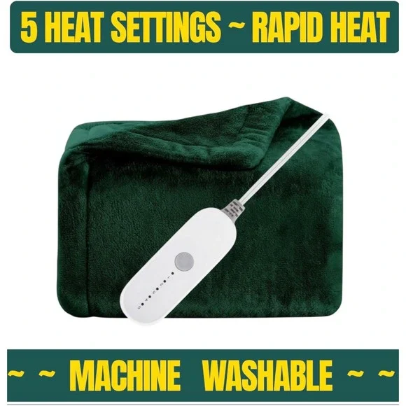 Heated‎ Electric Blanket Throw 5 Heat Settings Auto Off Warm Plush Flannel Green