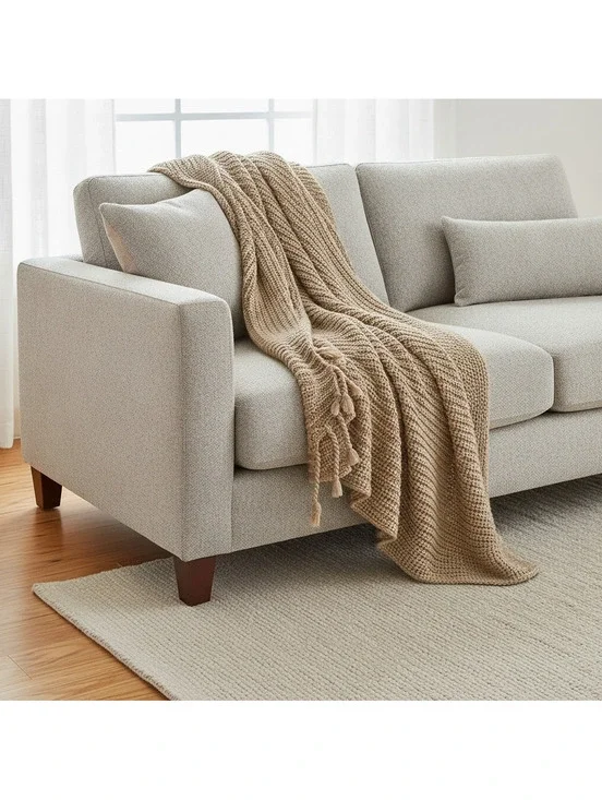Pottery Barn Textured Basketweave Knit Throw Blanket 50x60 Straw Chunky Boho