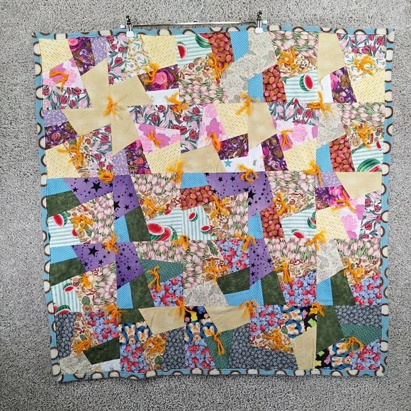 Handmade Quilt 38.5x38.5 Throw Multicolor Patchwork Crazy Quilt Fleece Backing