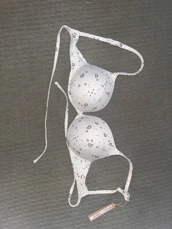 SKIMS White Bikini Top with Delicate Gray Floral Print