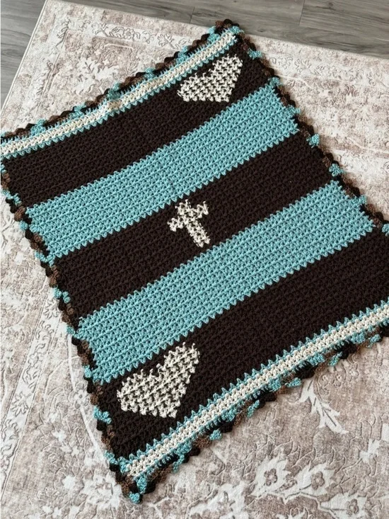 Handmade Crochet Blanket Cross Design Brown Blue Cream Throw 34x38 Faith Decor