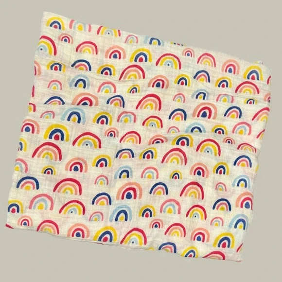 Rainbow Print Cotton Muslin Baby Swaddle Blanket White Pink Blue 48x45