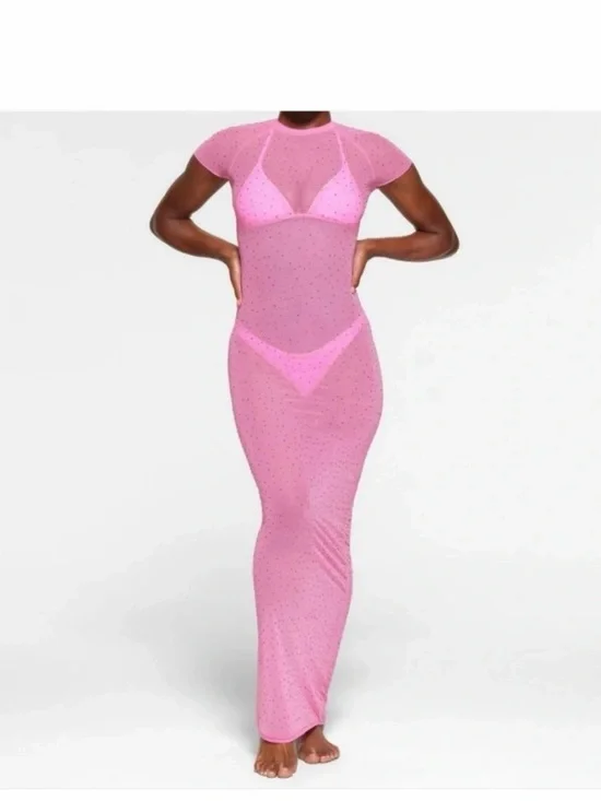 SKIMS Sheer Pink Maxi Swim Coverup with Sparkle Detail