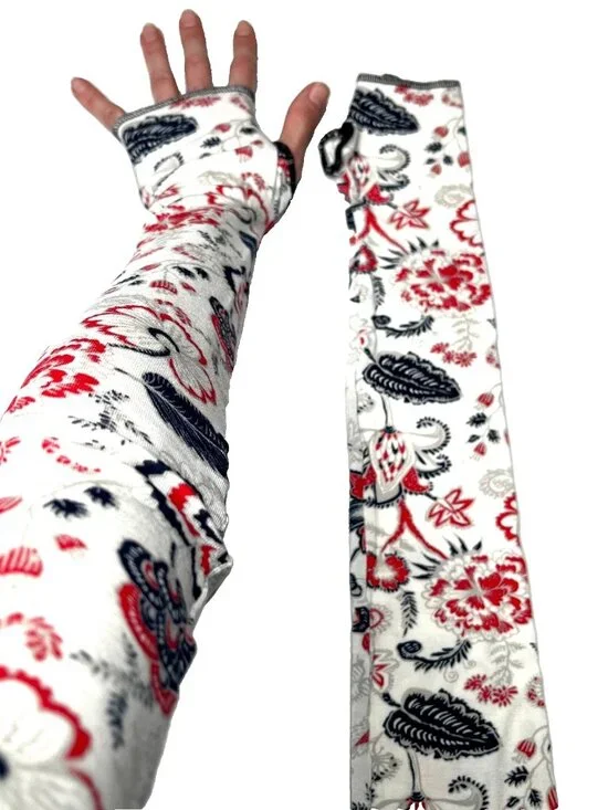 Floral Arm Warmers Red Black White Fingerless Lightweight Driving Sleeves Covers