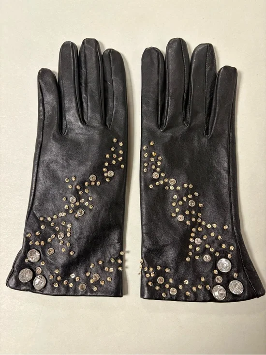Black Leather Womens Wrist Gloves With Crystal & Stud Embellishments Size 8