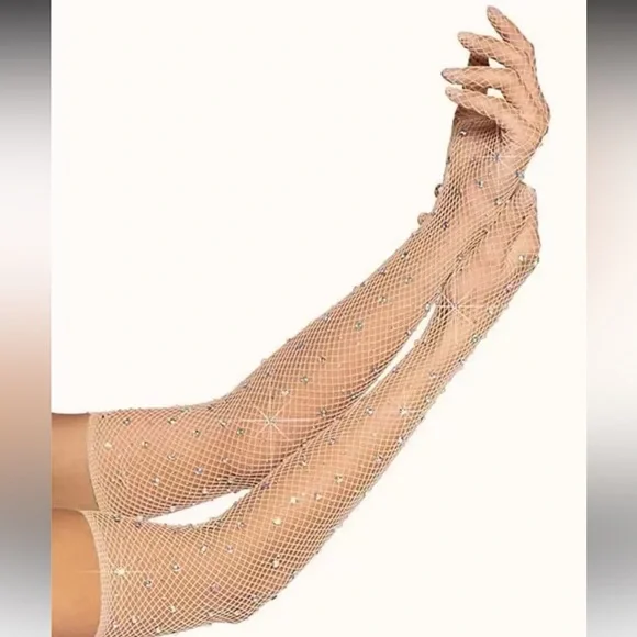 Sparkle & Shine Nude Rhinestone Fishnet Gloves NEW 🏷️