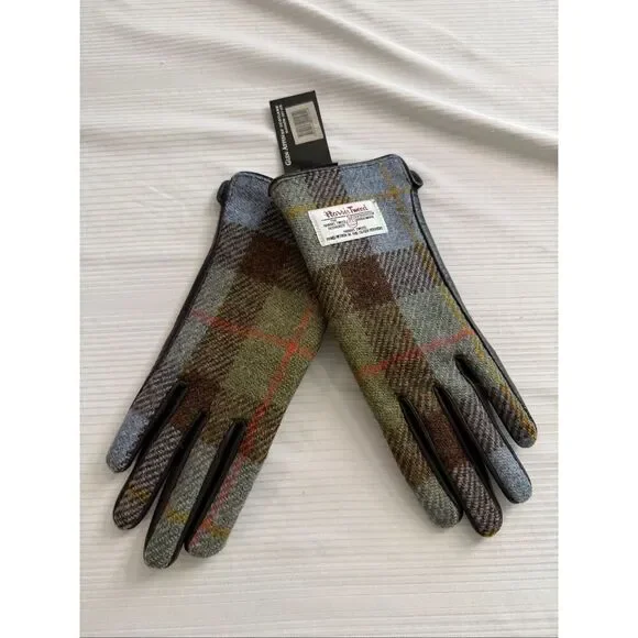 Glen Appin Wool Harris Tweed Gloves Women Size Small Scotland Blue Brown Plaid