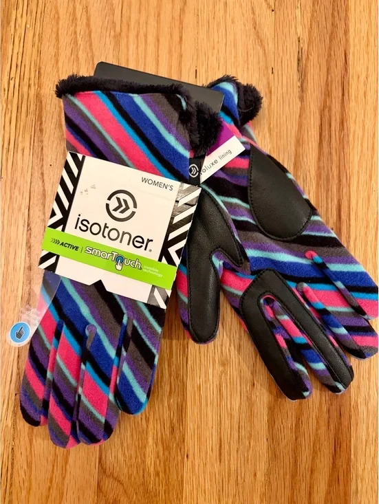 NWT Isotoner SmartTouch Active Fleece Gloves Plush Lined Stripe Women’s OS