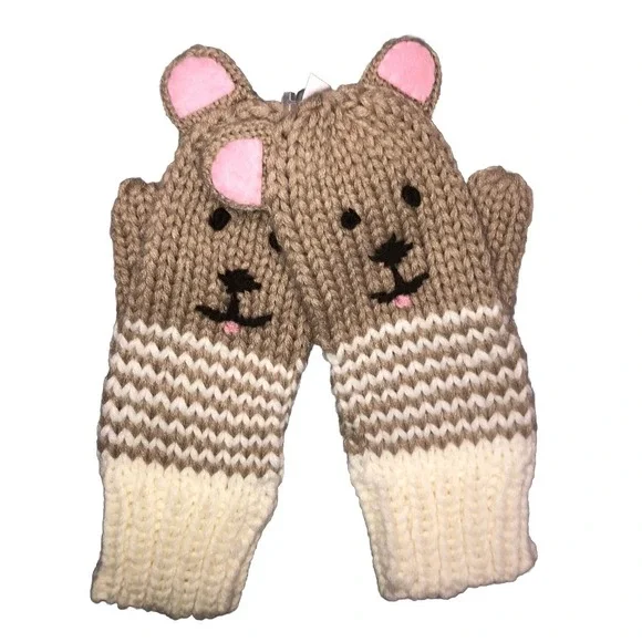 Capelli New York Critter Mittens Bear Big Kid Women Beige White Hand Knitted NWT