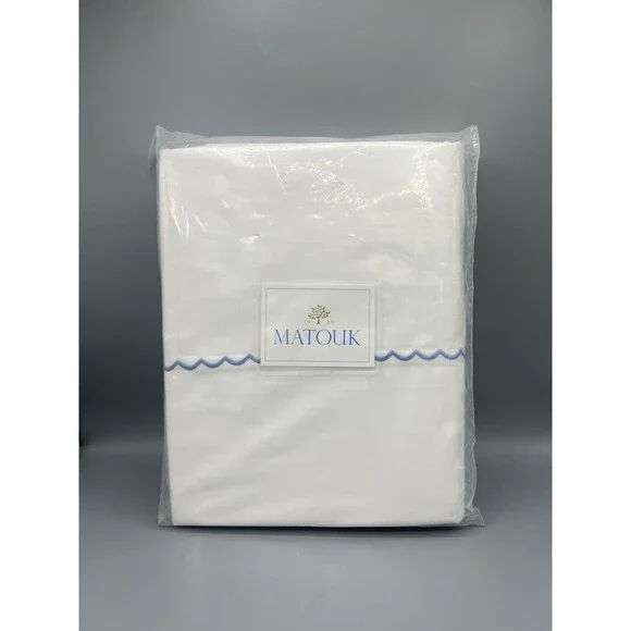 Matouk Astrid Cotton Percale King Duvet Cover Set White/Azure Blue - NWT $800