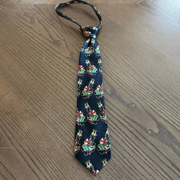 Boys Christmas Santa Sleigh Zipper Tie Navy Blue Holiday Reindeer Necktie