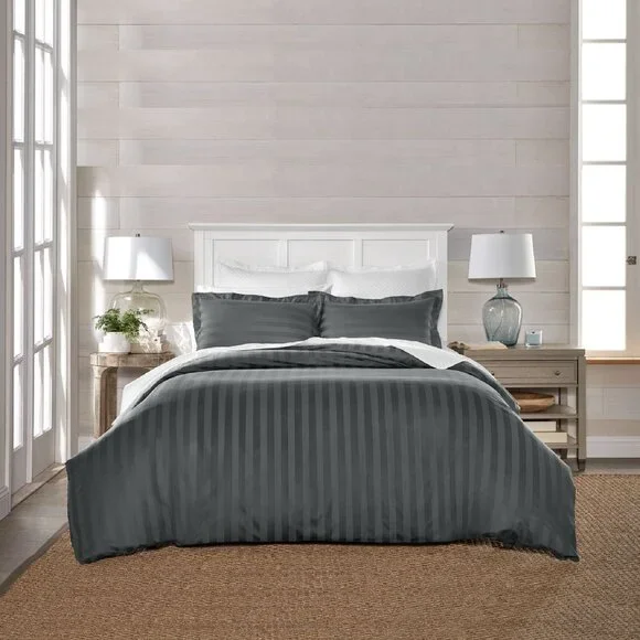 CHARCOAL GRAY Charter Club Stripe 550 TC 100% Cotton FULL/QUEEN Duvet Cover Set