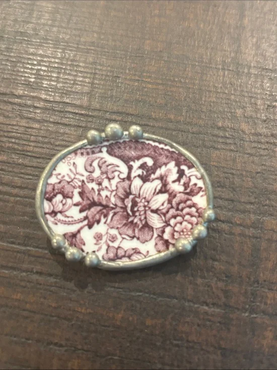 Vintage Broken China Jewelry Brooch Pin Pendant Combo Purple Mulberry Floral