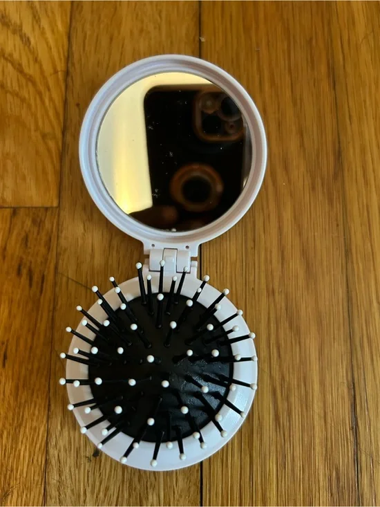 Compact White Folding Travel Mirror with Built-In Black Hair Brush