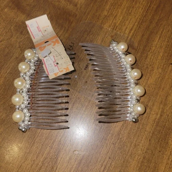 Vintage Faux Pearl Hair Comb Set Clear Plastic Bridal‎ Wedding Hair...