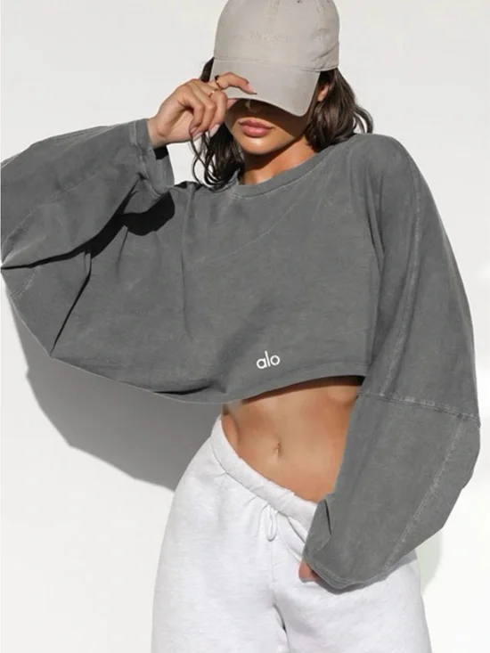 ALO Yoga Cropped Long-Sleeve Sweatshirt — Charcoal Gray