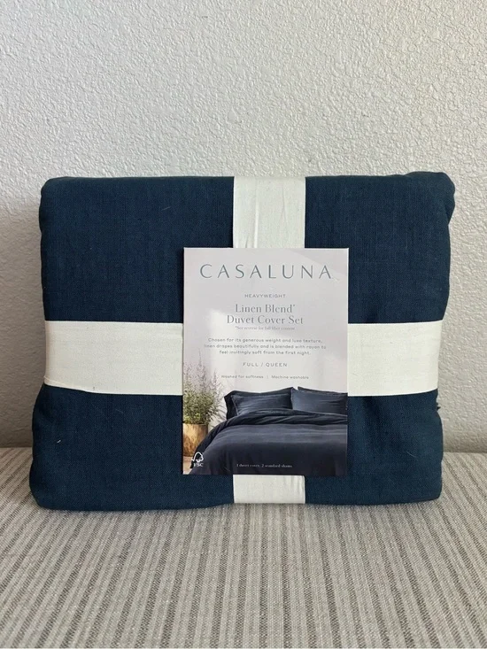 NWT Full/Queen Heavyweight Linen Blend Duvet Cover & Sham Set Dark Mineral Blue