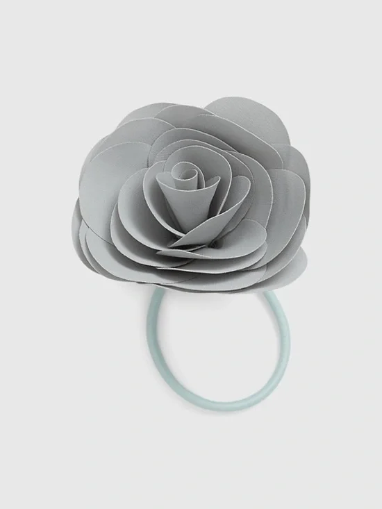 LoveShackFancy Gray Floral Rose Hair Tie with Pale Blue Elastic