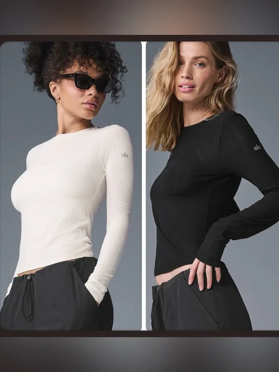 ALO Yoga Ribbed Long-Sleeve Crewneck Top - White Black Gray