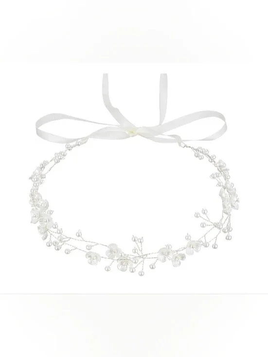 Elegant White Pearl Floral Ribbon Headband