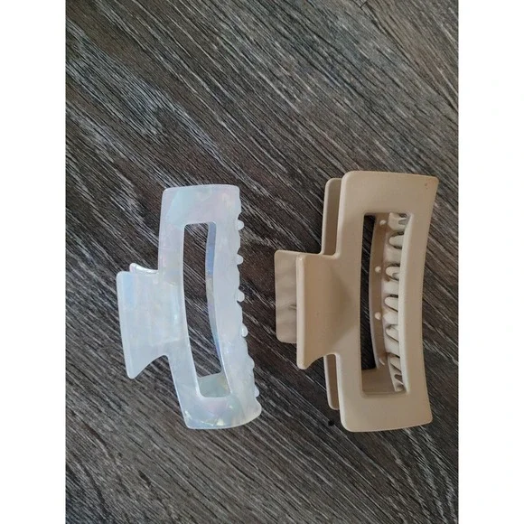 Set of 2 Large Rectangle Claw Clips Matte Tan and Iridescent White Hair Clips #2