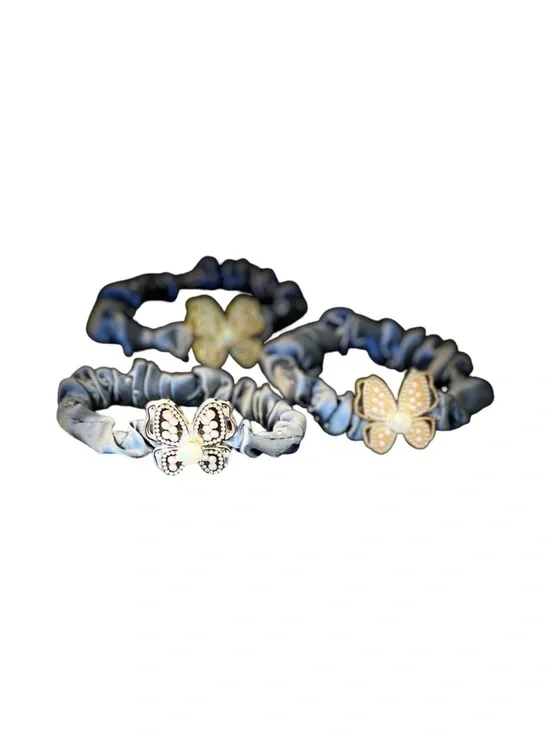 Butterfly Charm Blue Satin Scrunchie Hair Tie (Set of 3) FINAL PRICE DROP