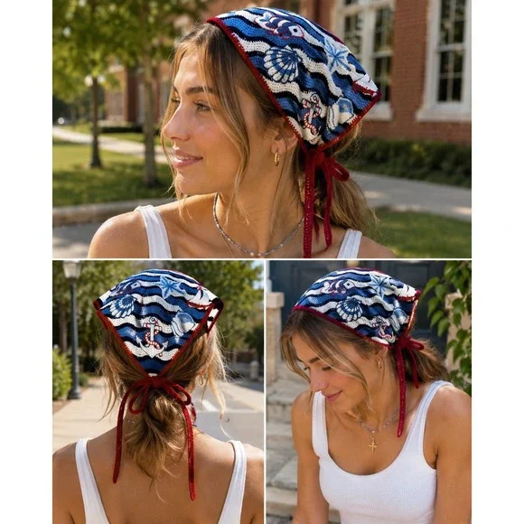 Handmade Crochet Nautical Hair Bandana Anchor Sailboat Shell Blue White Red Tie