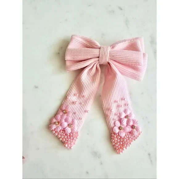 Light pink Pearl Floral Ribbon Hair Bow Clip | Romantic Bridal Coquette