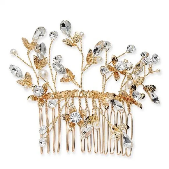INC Gold Tone Crystal & Pearl Flower Hair Comb nwt