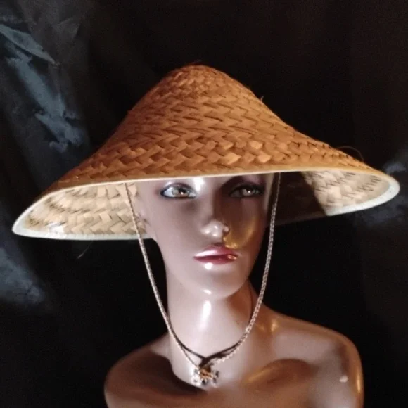 Vintage Tan Woven Straw Conical Hat