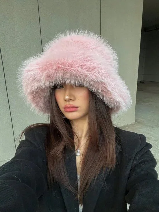 Pink Casual Women's Thickened Warm Plush Ear Protection faux fur Bucket Hat
