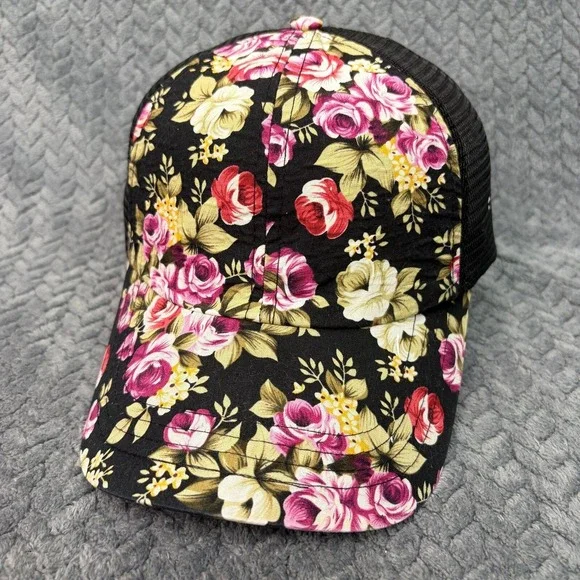 Floral Rose Print Trucker Hat Black Mesh Snapback Cap Adjustable 1308