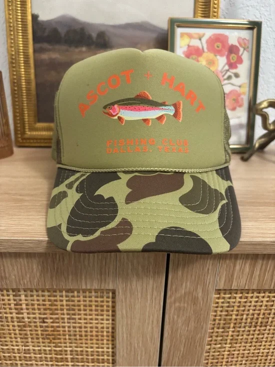 Ascot + Hart Olive Camouflage Trucker Hat with Orange Trout Logo