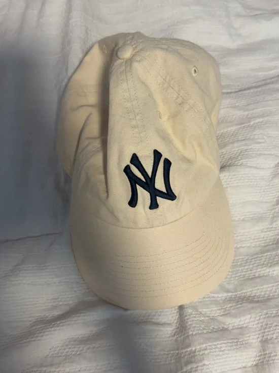 Cream Baseball Cap with Navy Logo