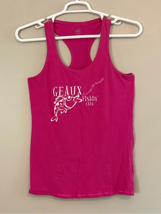ALO Yoga Hot Pink Racerback Tank with White Geaux Fishin' Chix Graphic