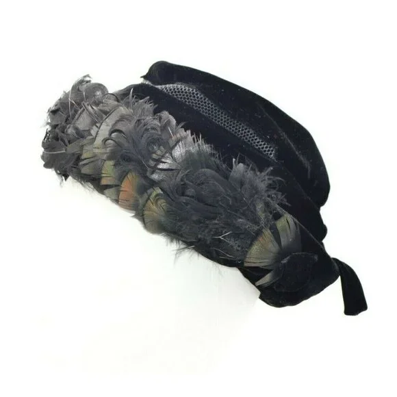 1950s Black Velvet Ostrich Feather Breton Hat Sear